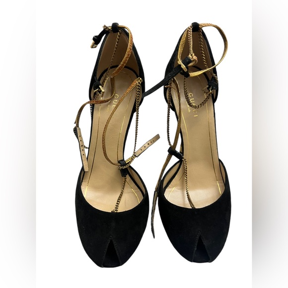 Gucci Mila Gold Chain Ophelie suede leather peeptoe pumps heels Size 38 - Picture 14 of 16